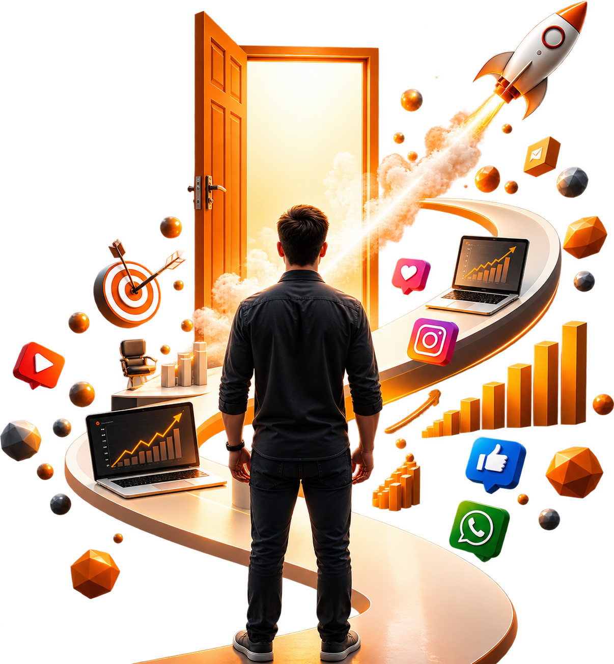 A leader stepping through a doorway towards strategy, creative and growth